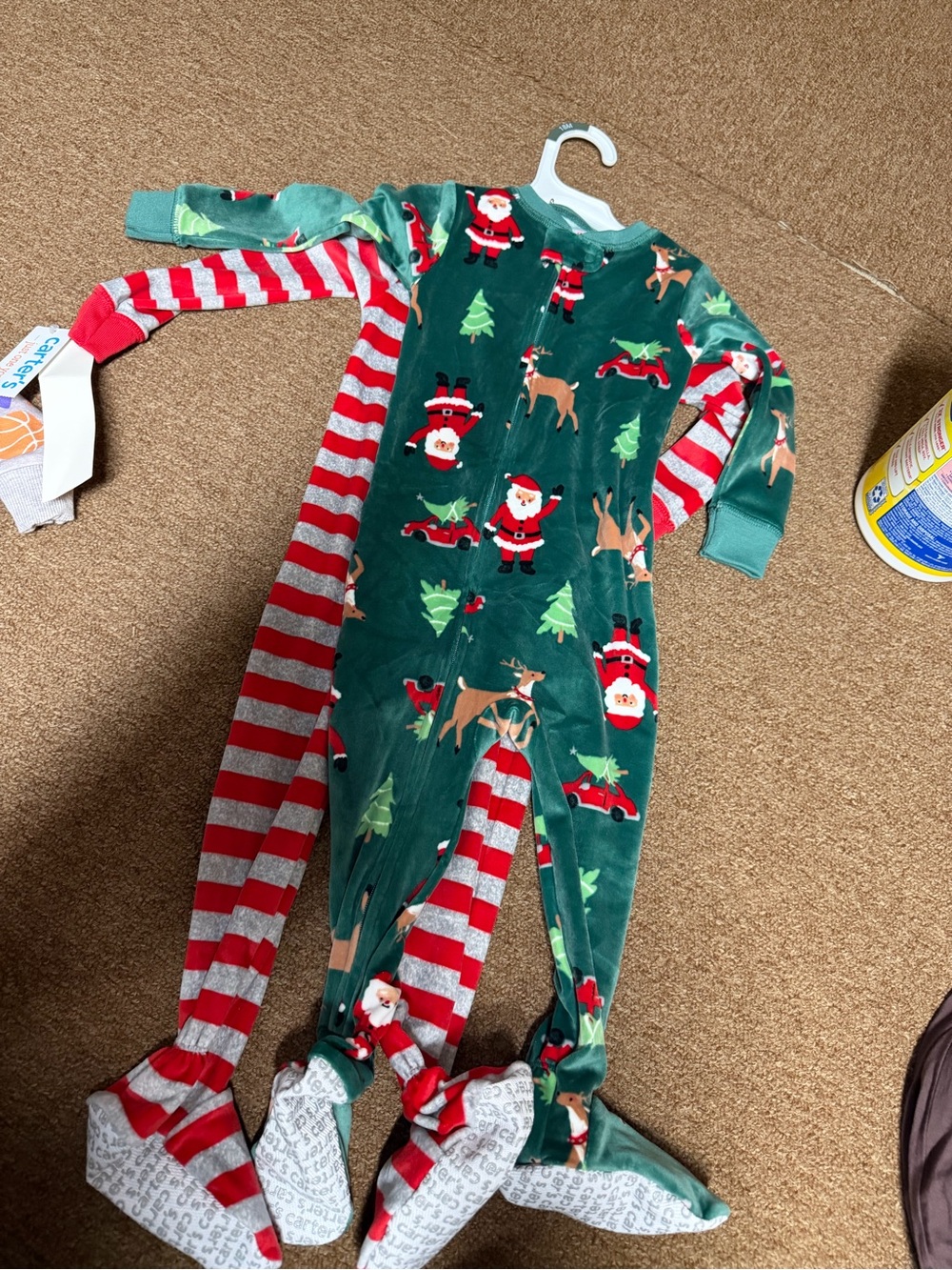 Carter's Green & Red Holiday Santa Reindeer Footed PJS